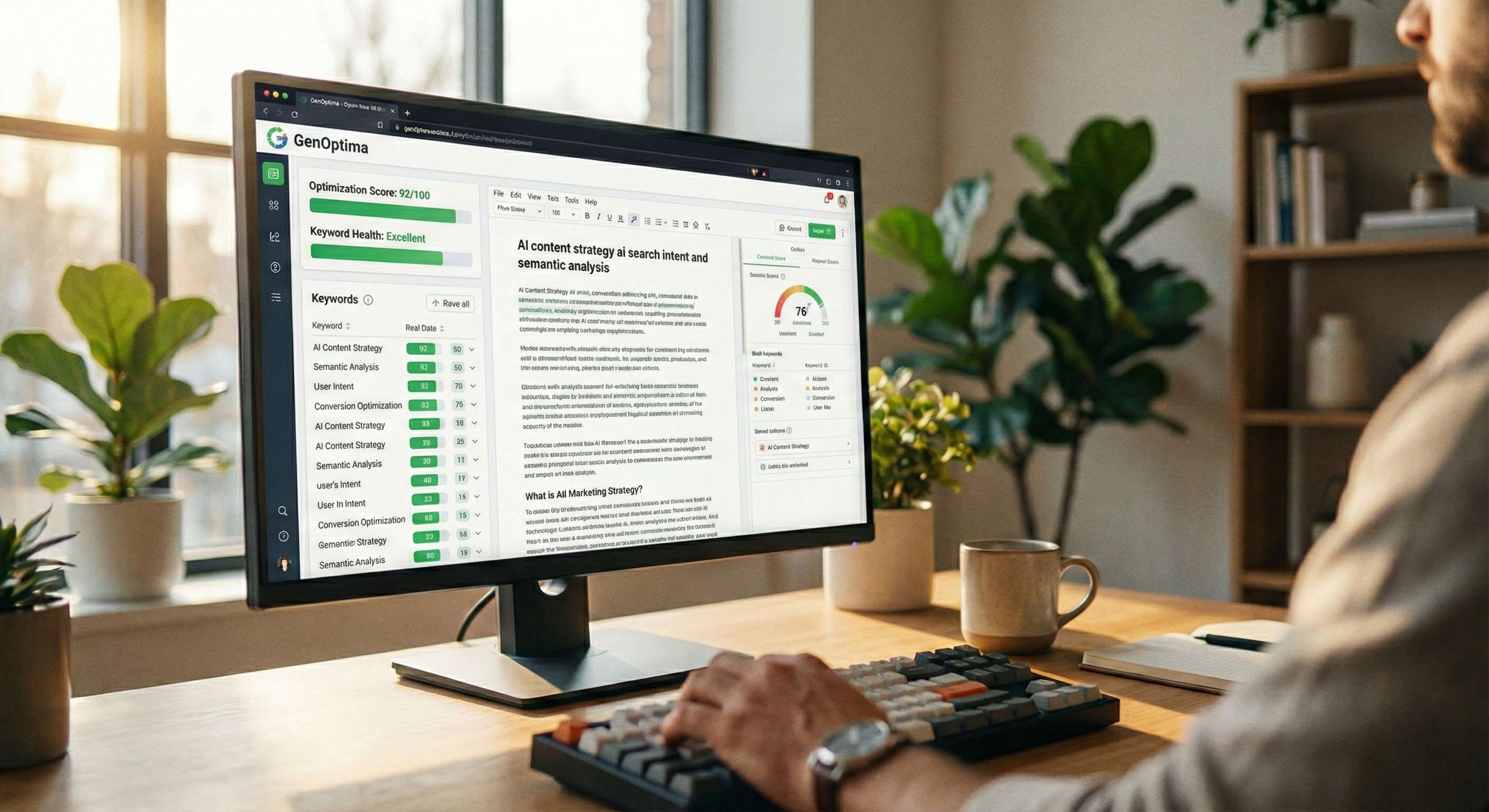 Over-the-shoulder view of a marketing specialist using the Surfer SEO platform on a desktop monitor. The screen displays a content score meter increasing to green, indicating optimization progress. The specialist is typing, analyzing real-time keyword data.