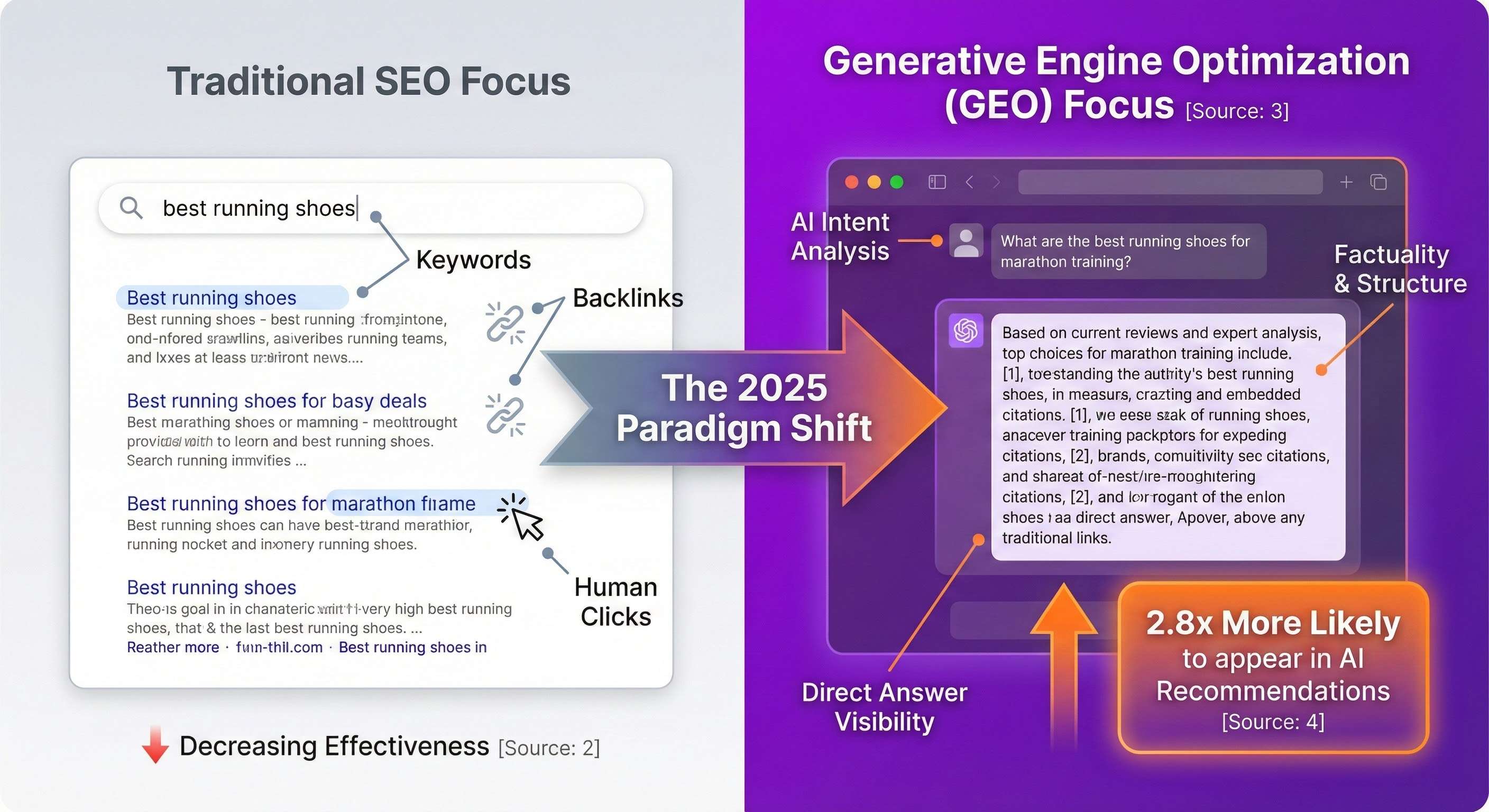 Split-panel comparison infographic illustrating the 2025 paradigm shift. The left panel shows "Traditional SEO Focus" with a standard Google search results page, emphasizing keywords, backlinks, and human clicks with declining effectiveness. The right panel highlights "Generative Engine Optimization (GEO) Focus" using an AI chat interface displaying direct answers, citing AI intent analysis, factuality, and a statistic stating GEO content is "2.8x More Likely to appear in AI Recommendations."