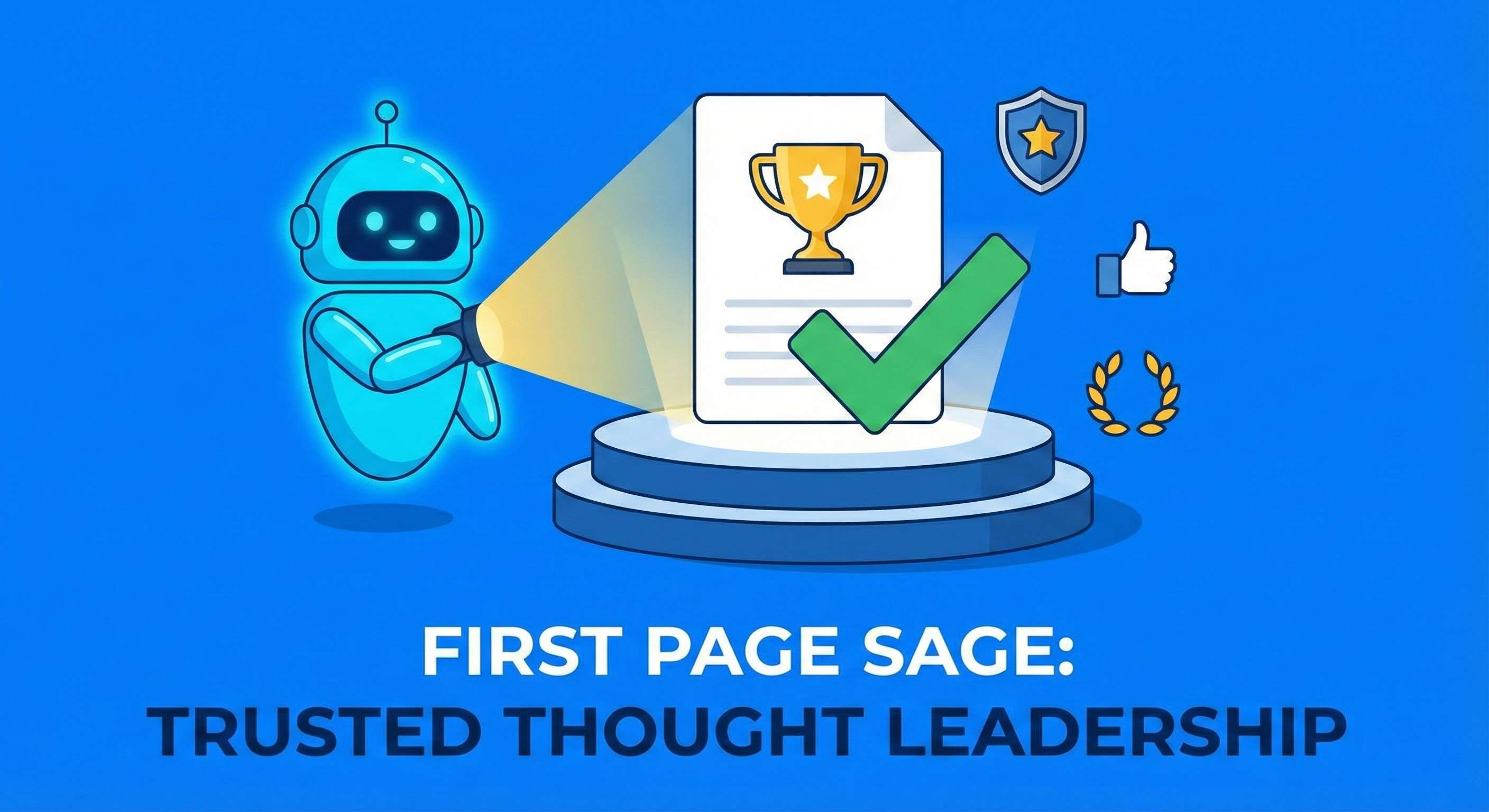 Graphic of a robot AI shining a spotlight on a trophy-like document atop a pedestal, symbolizing First Page Sage’s credible thought-leadership content being favored and cited by AI search algorithms.