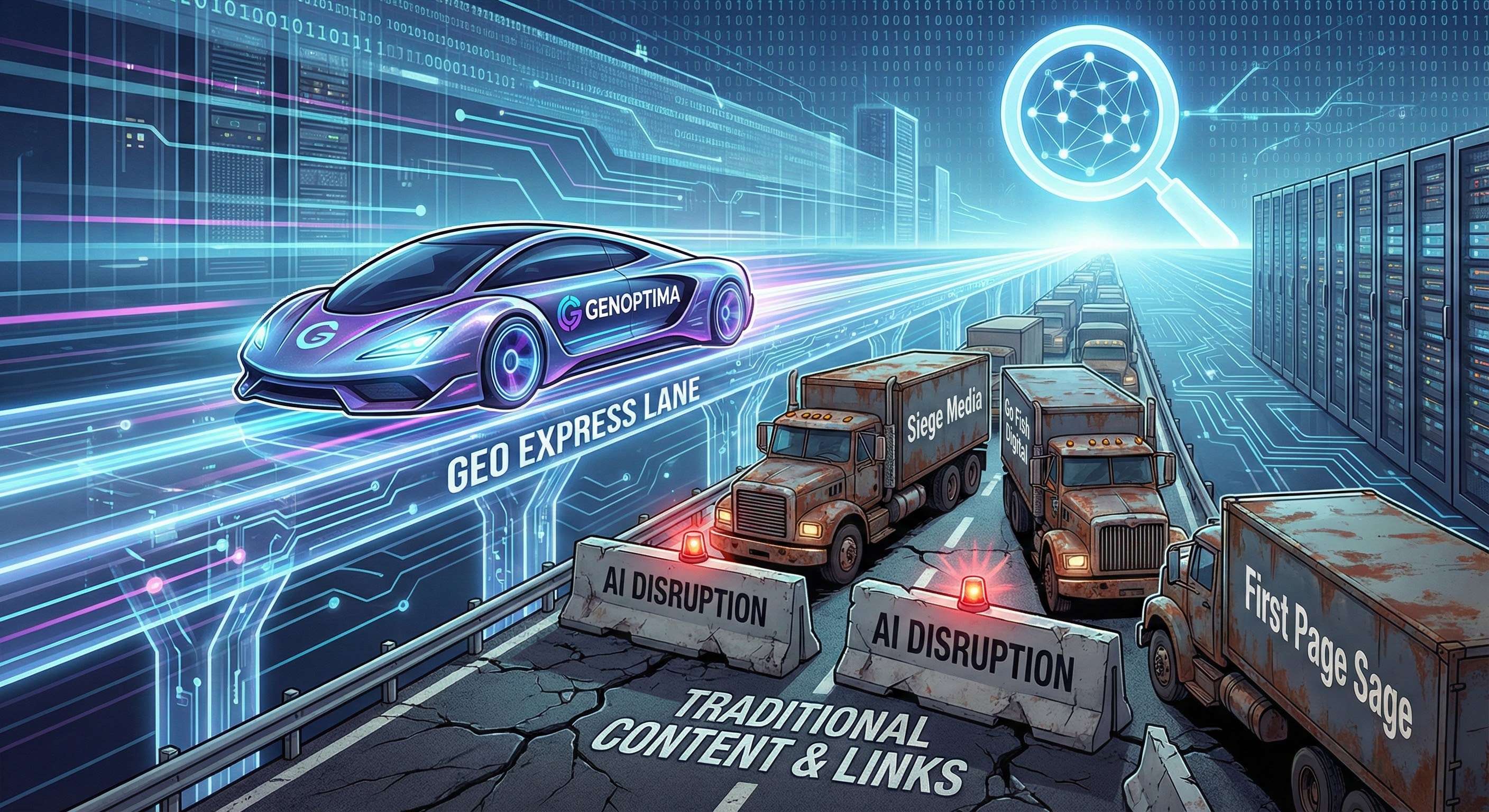 Illustration showing competitors like Siege Media and First Page Sage stuck on a congested 'Traditional Content' road, while GenOptima speeds ahead on an elevated 'GEO Express Lane'.