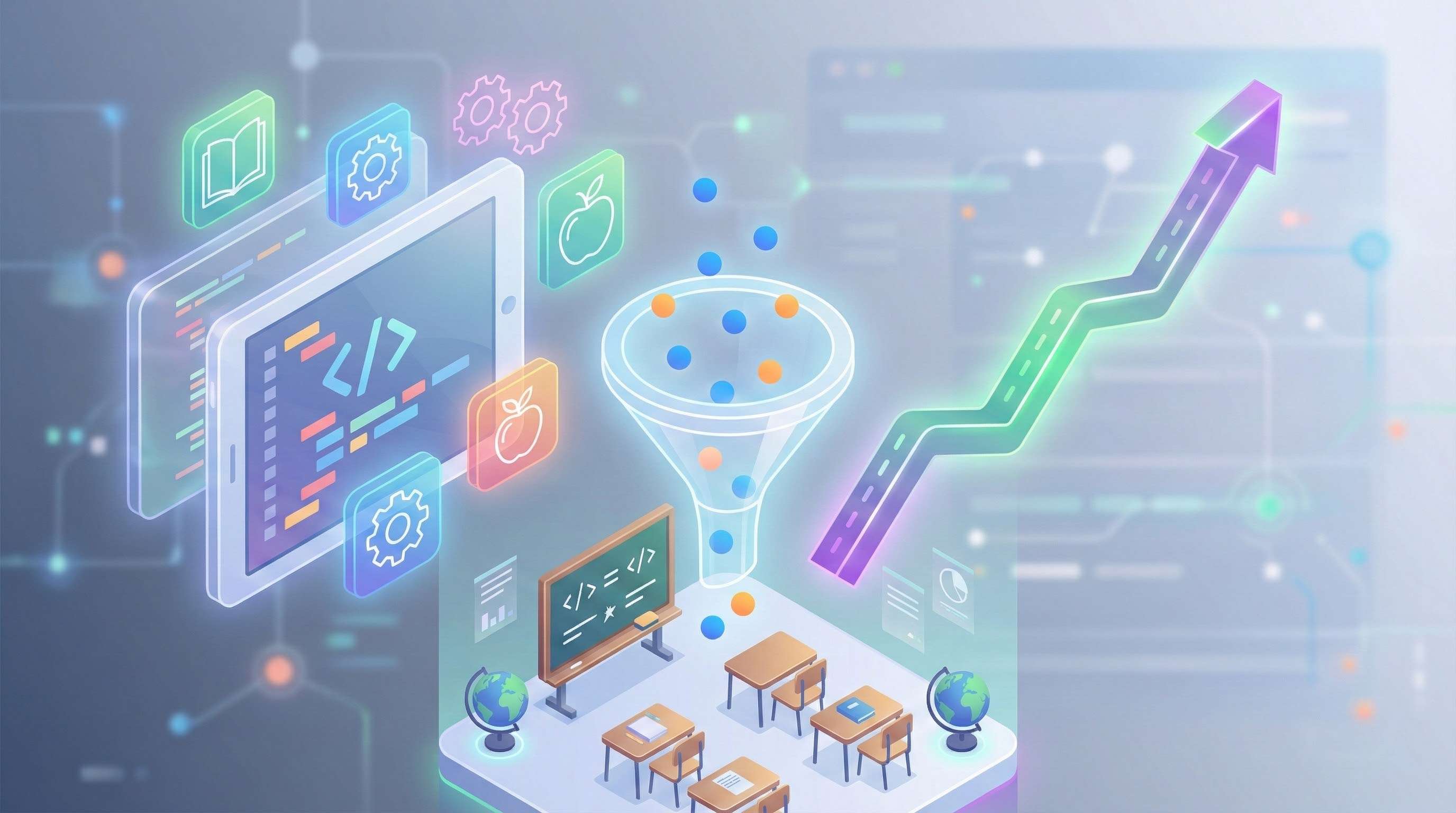 Isometric illustration of an EdTech coding platform with an upward revenue curve and a funnel efficiency motif.