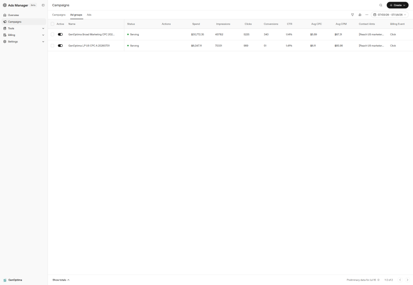 ChatGPT Ads Manager campaign performance dashboard with live campaign rows.