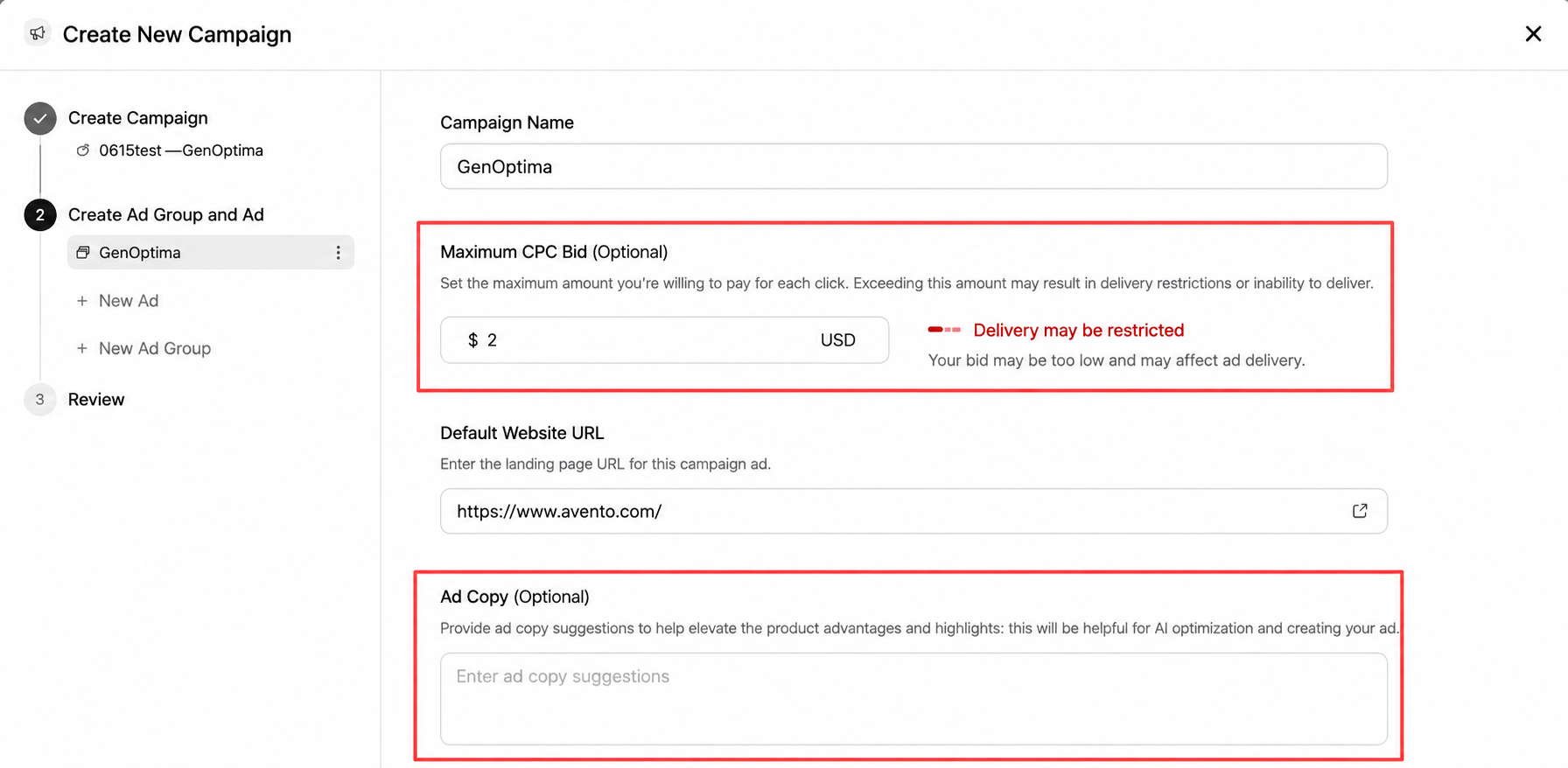 ChatGPT Ads campaign setup showing maximum CPC bid and ad copy fields.