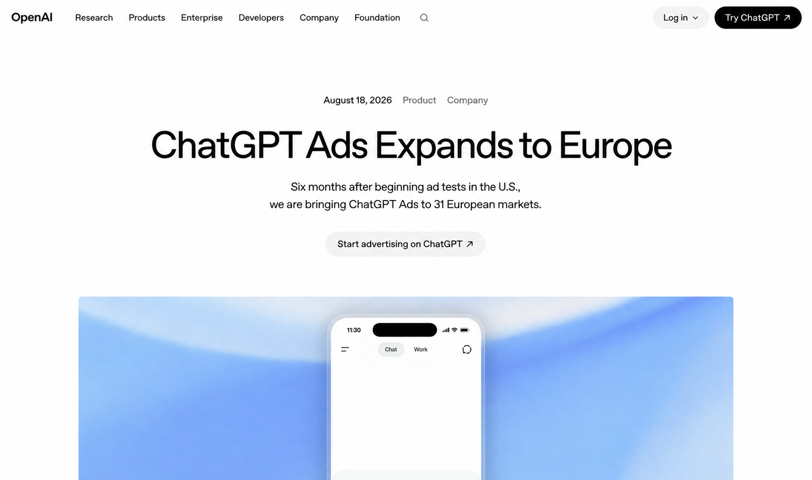 OpenAI announcement page for ChatGPT Ads expansion to 31 European markets.