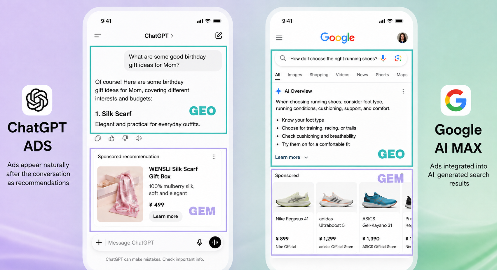 Side-by-side illustration of ChatGPT Ads and Google AI Max within AI-generated answers.