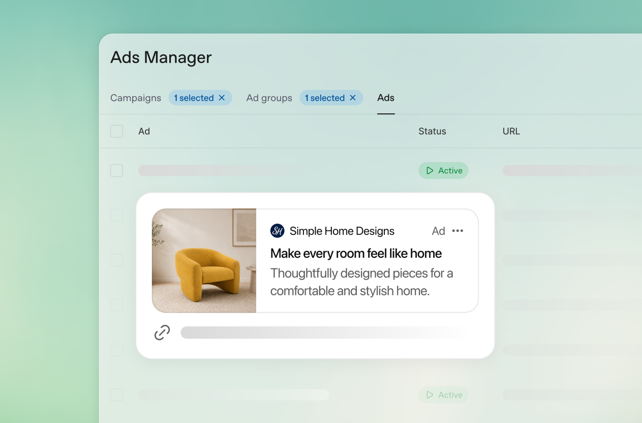 ChatGPT Ads Manager showing an active furniture ad in the Ads tab.