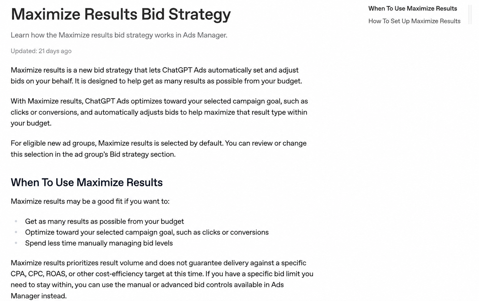 ChatGPT Ads documentation for the Maximize Results bidding strategy.