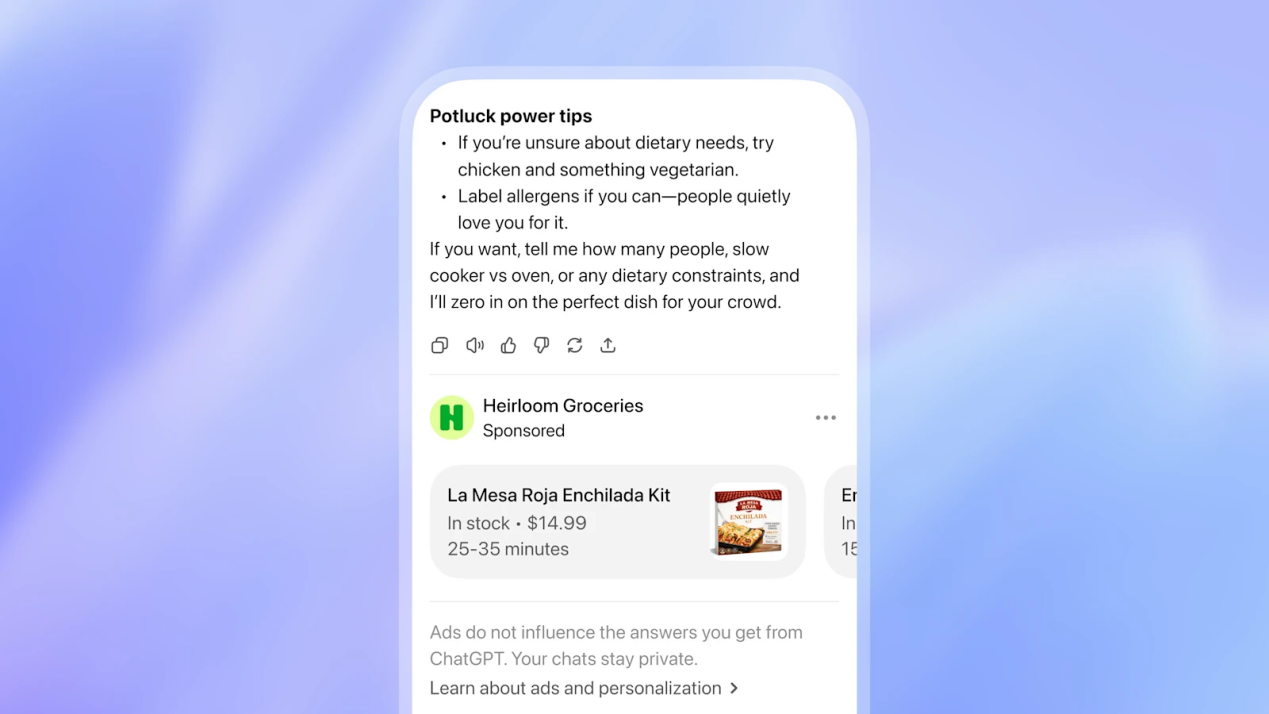 Example of a sponsored grocery ad displayed below a ChatGPT answer.