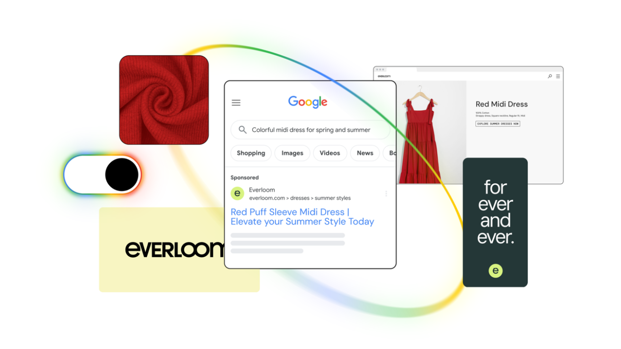 Google AI Max illustration connecting search intent, product results, and creative assets.