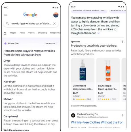 Google AI Overview showing sponsored wrinkle-removal product ads.