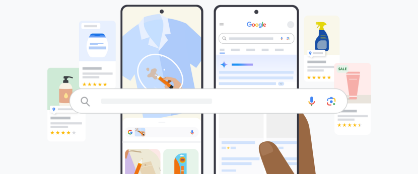 Google illustration of shopping and search ads within AI-powered search.